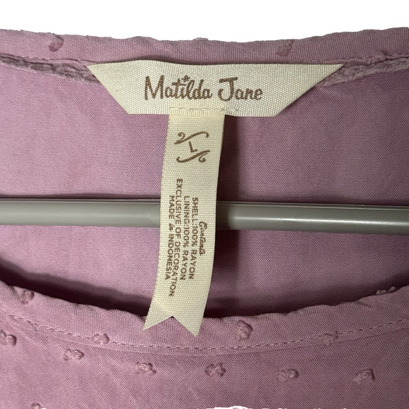 Matilda Jane Turn On The Charm Sheath Dress Women Sz L Lilac Swiss Dots Pleated - Picture 5 of 10